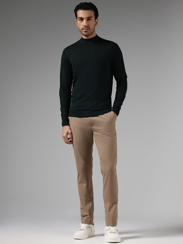 WES Formals Solid Green Slim Fit High Neck Sweater