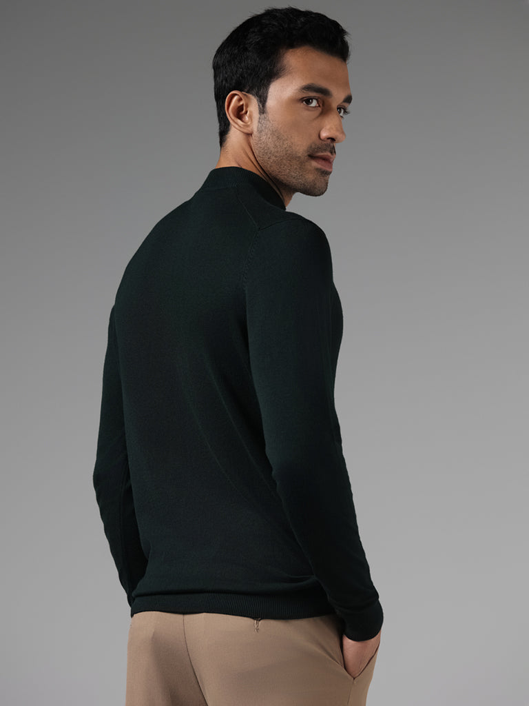 WES Formals Solid Green Slim Fit High Neck Sweater