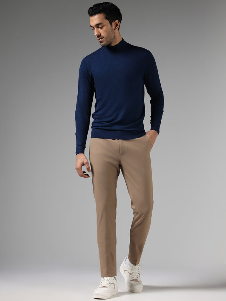 WES Formals Solid Indigo Slim-Fit High Neck Sweater