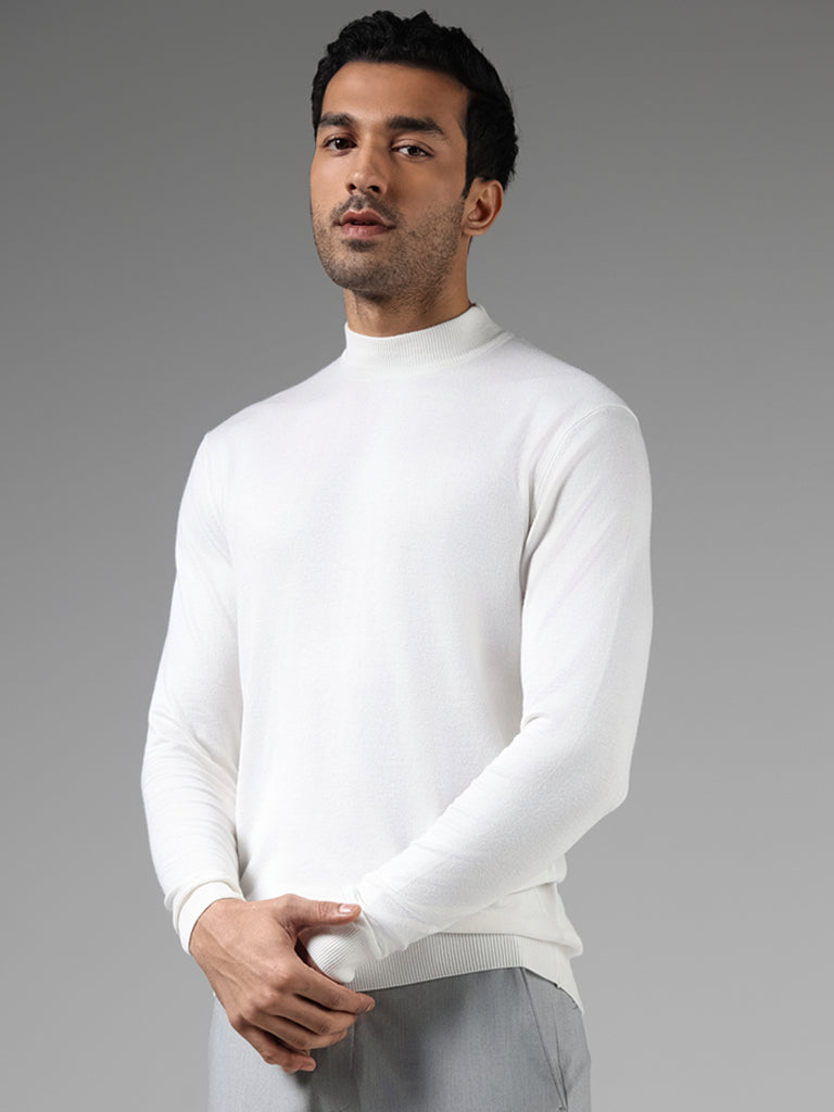 WES Formals Solid Off White Slim Fit High Neck Sweater