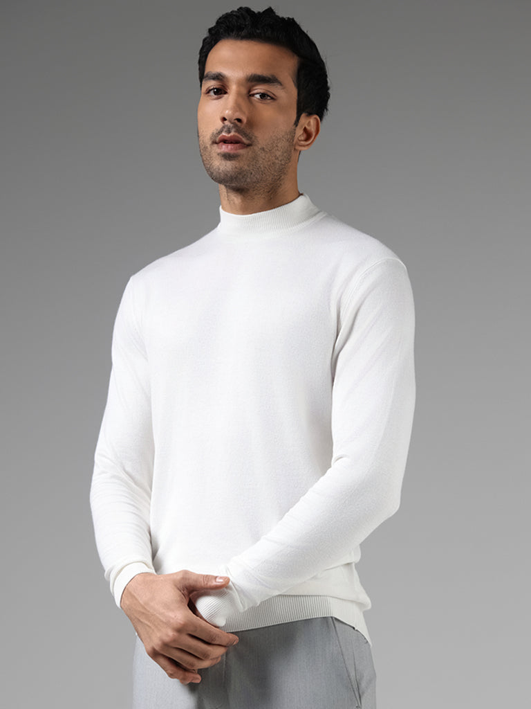 Buy WES Formals Solid Off White Slim Fit Turtle Neck Sweater from Westside