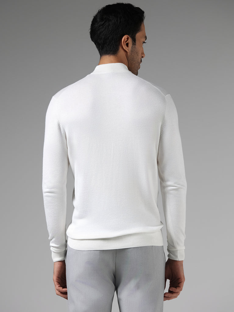WES Formals Solid Off White Slim Fit High Neck Sweater
