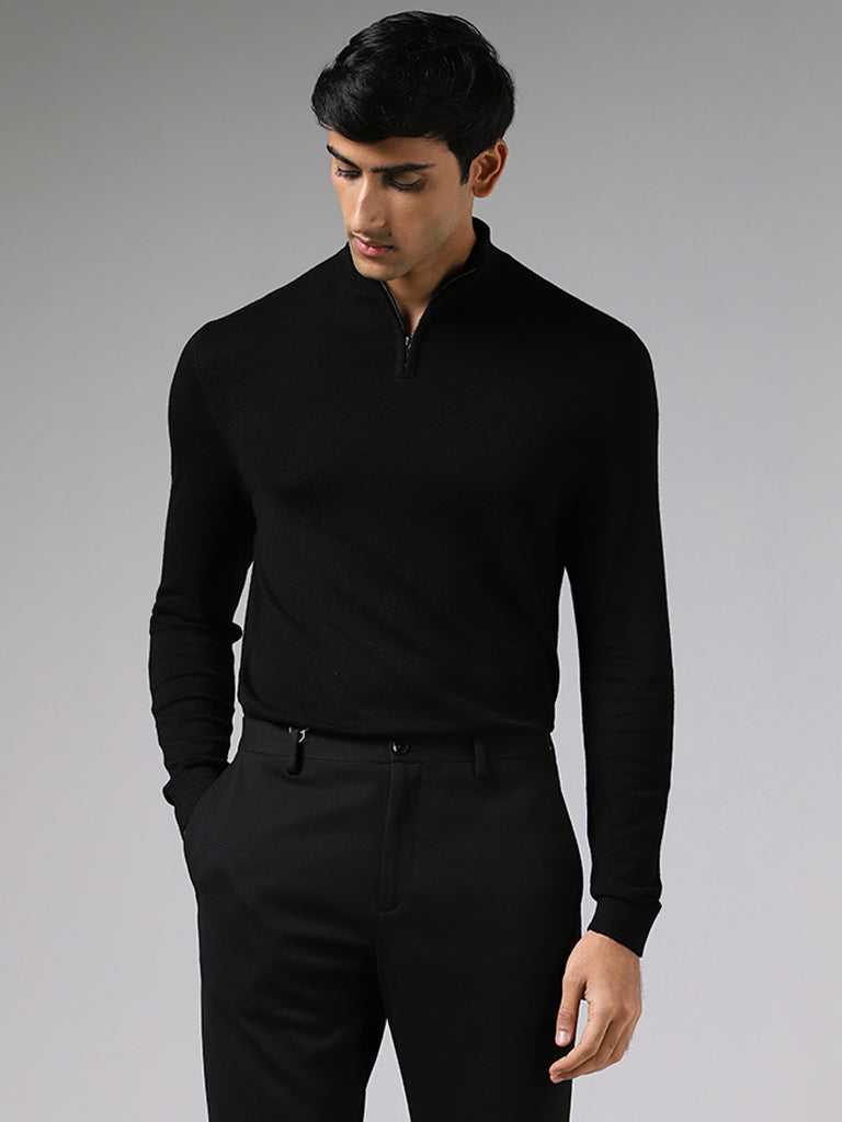 WES Formals Black Slim Fit High-Top Zipper Sweater