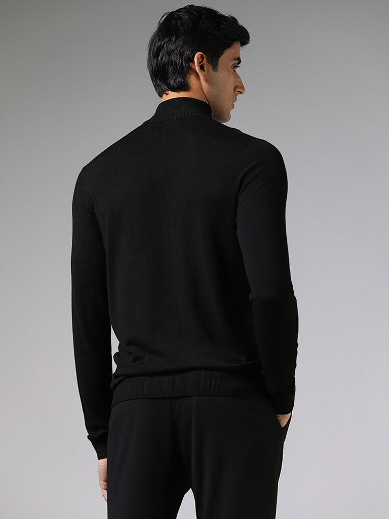 WES Formals Black Slim Fit High-Top Zipper Sweater