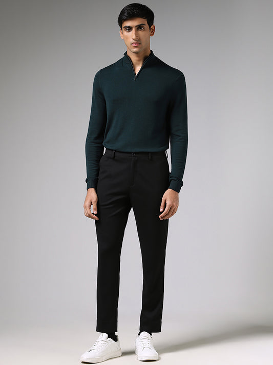 WES Formals Emerald Green Slim Fit High-Top Zipper Sweater