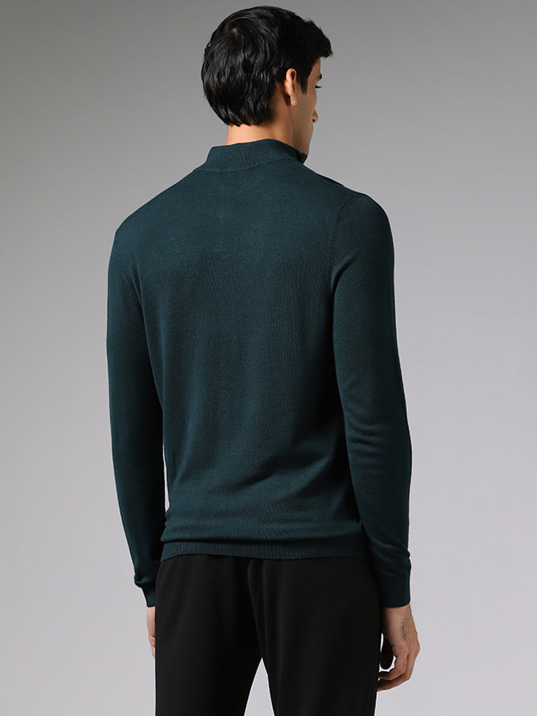 WES Formals Emerald Green Slim Fit High-Top Zipper Sweater
