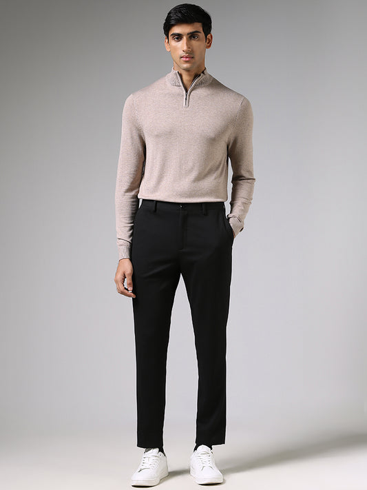 WES Formals Oat Melange Slim Fit High-Top Zipper Sweater
