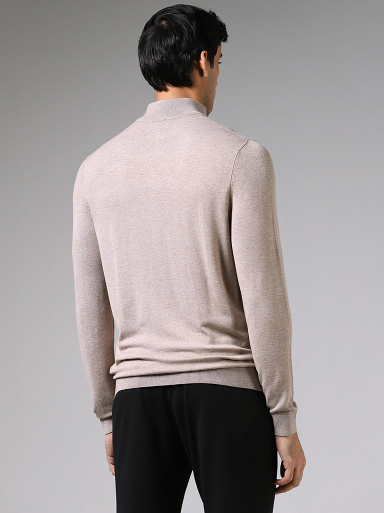 WES Formals Oat Melange Slim Fit High-Top Zipper Sweater