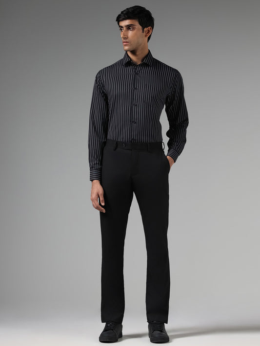 WES Formals Black Pinstriped Relaxed Fit Shirt