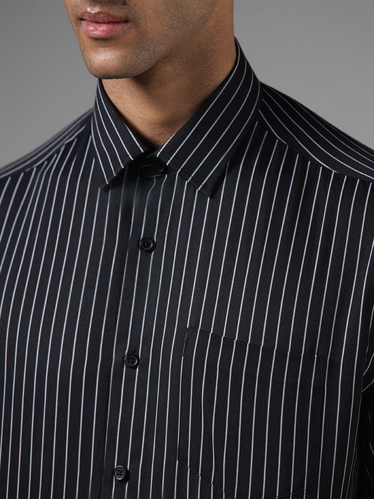WES Formals Black Pinstriped Relaxed Fit Shirt