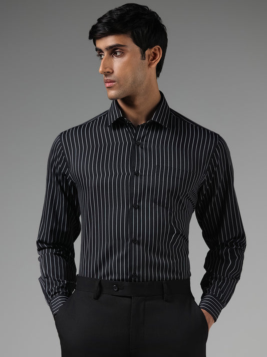 WES Formals Black Pinstriped Relaxed Fit Shirt