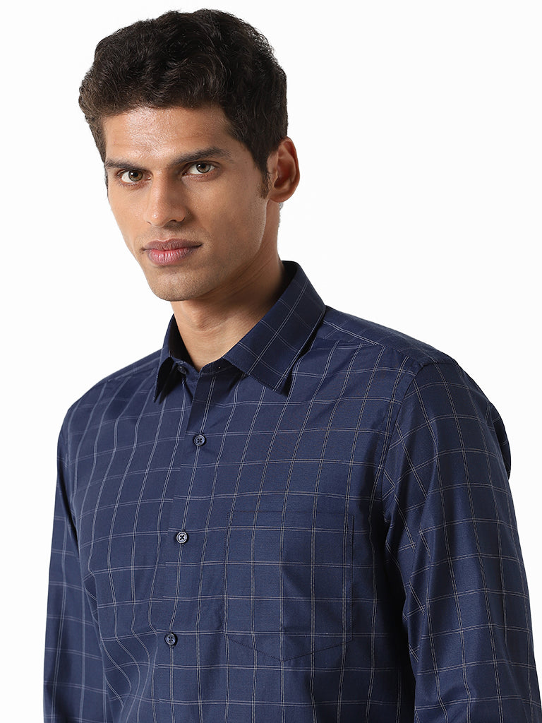 WES Formals Checked Navy Blue Slim Fit Shirt