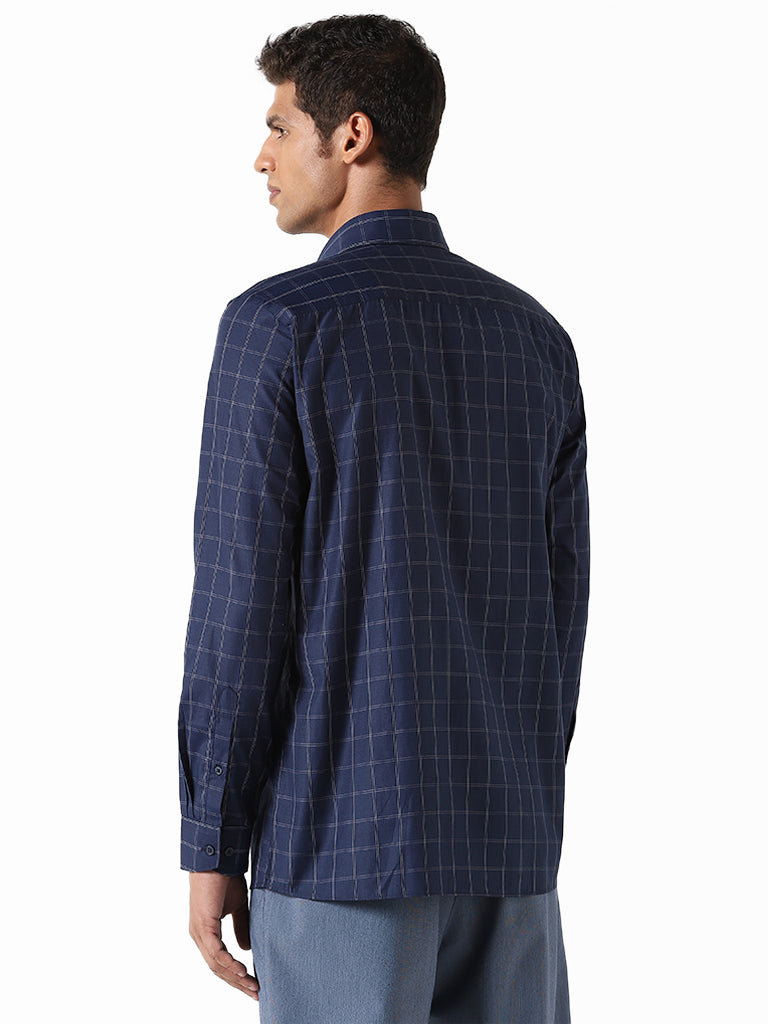 WES Formals Checked Navy Blue Slim Fit Shirt