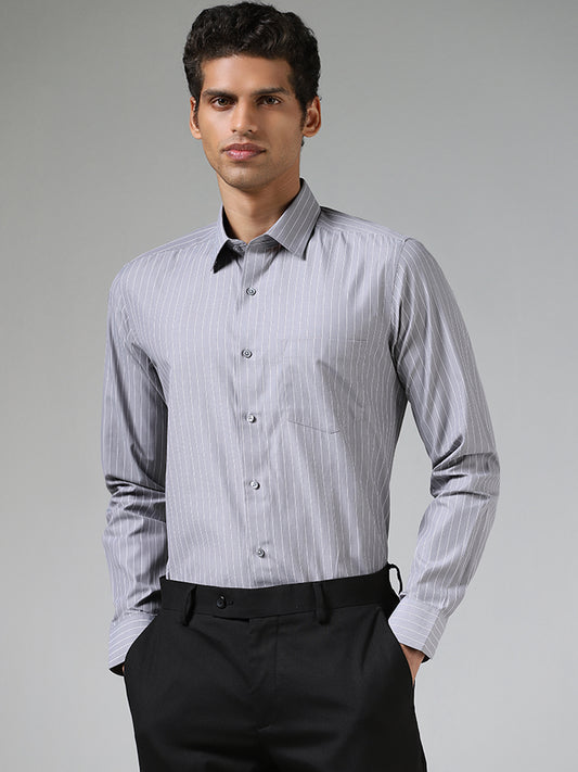 WES Formals Grey Striped Slim Fit Shirt