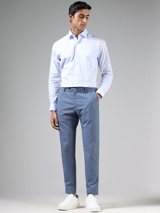 WES Formals Blue Cotton Relaxed-Fit Dobby Shirt