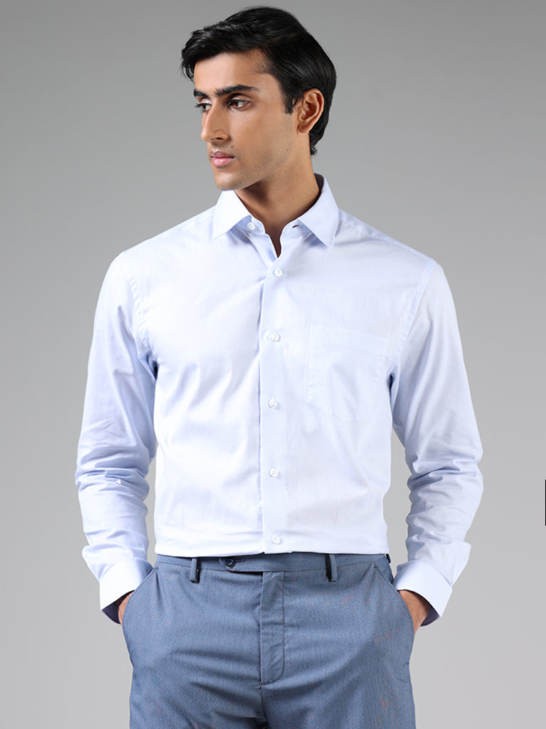WES Formals Pastel Blue Cotton Relaxed Fit Dobby Shirt