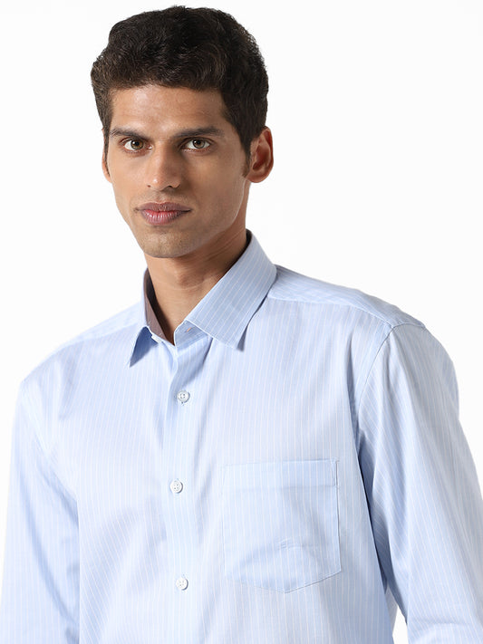 WES Formals Striped Blue Cotton Relaxed Fit Shirt
