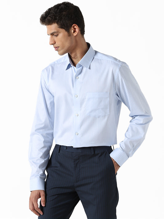 WES Formals Striped Blue Cotton Relaxed Fit Shirt