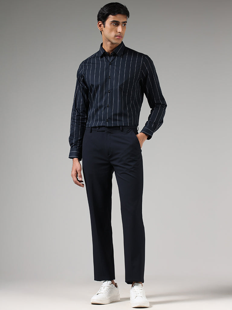 WES Formals Navy Blue Striped Slim Fit Shirt