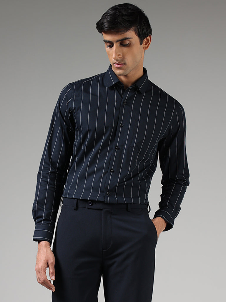 WES Formals Navy Blue Striped Slim Fit Shirt