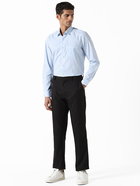 WES Formals Striped Blue Cotton Slim-Fit Shirt