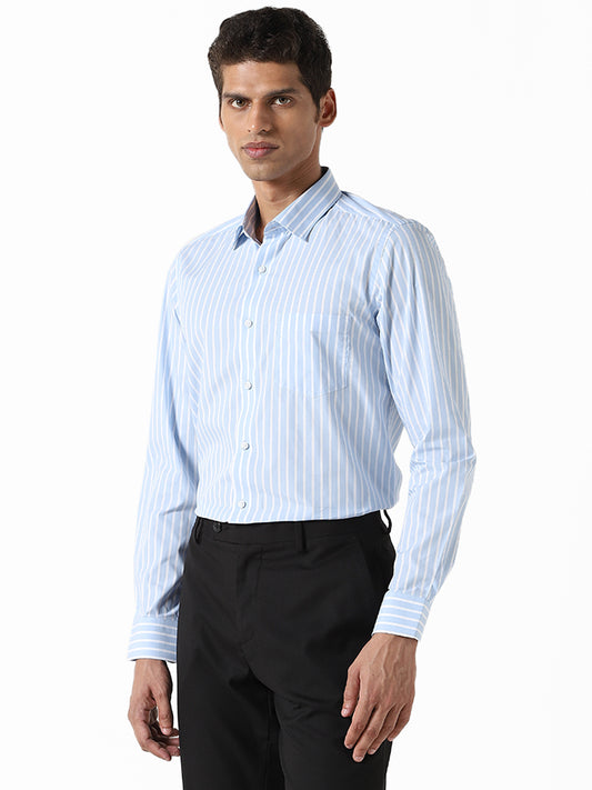 WES Formals Striped Blue Cotton Slim-Fit Shirt