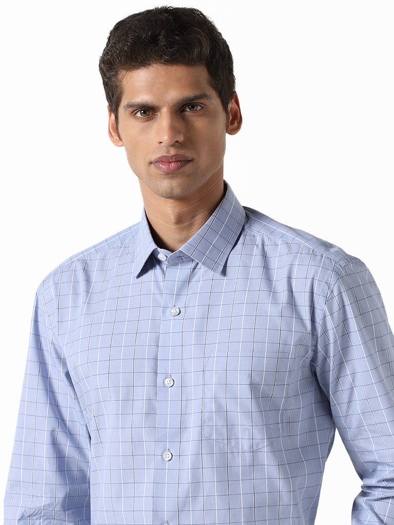 WES Formals Checked Blue Cotton Relaxed Fit Shirt