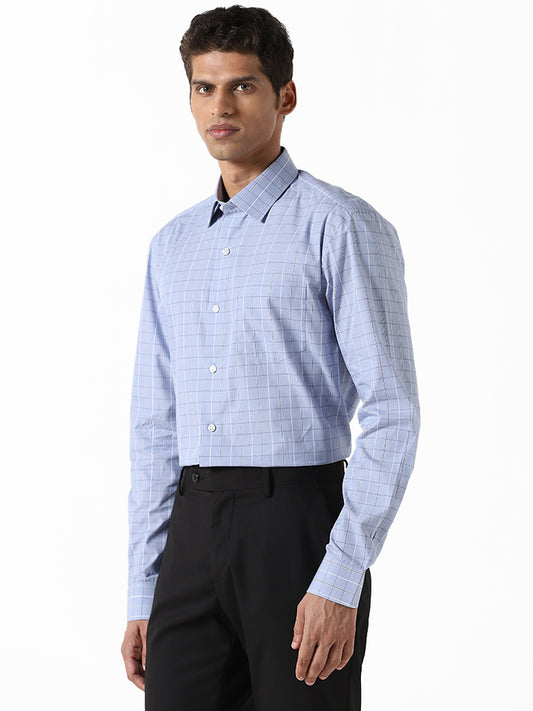 WES Formals Checked Blue Cotton Relaxed-Fit Shirt