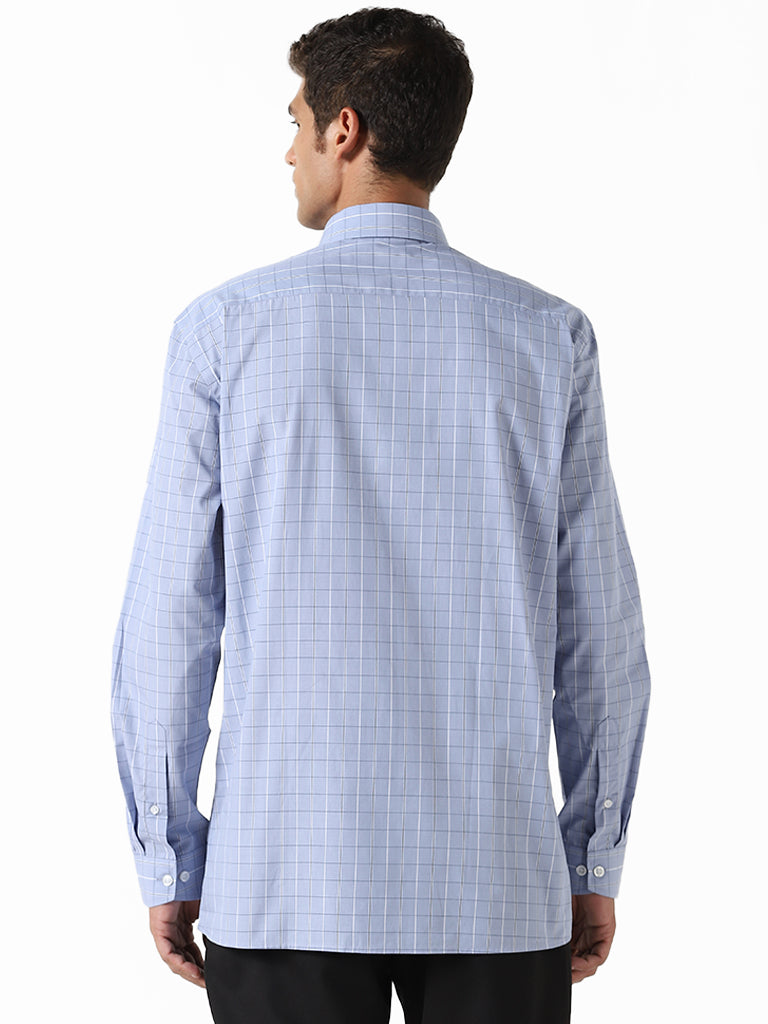 WES Formals Checked Blue Cotton Relaxed Fit Shirt