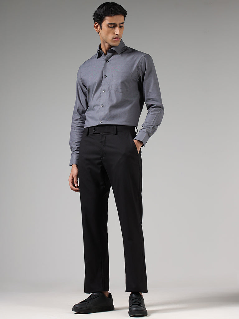 WES Formals Solid Grey Relaxed Fit Dobby Shirt