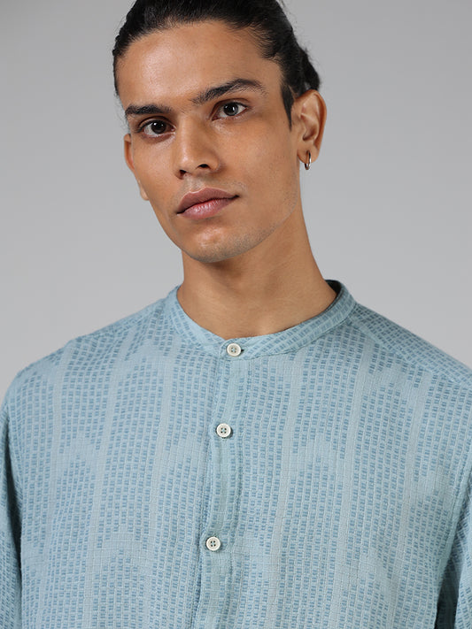 ETA Teal Blue Self-Textured Cotton Blend Resort Fit Shirt