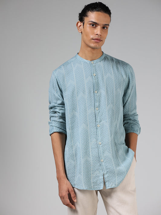 ETA Teal Blue Self-Textured Resort Fit Shirt