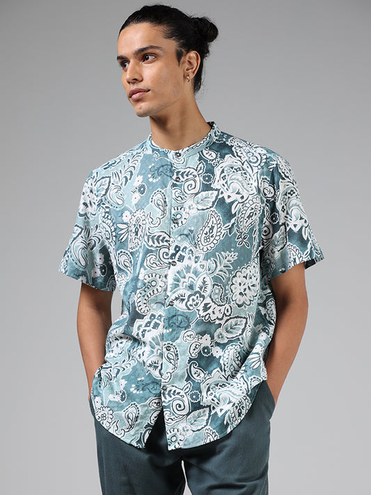 ETA Teal Blue Paisley Floral Printed Relaxed Fit Shirt