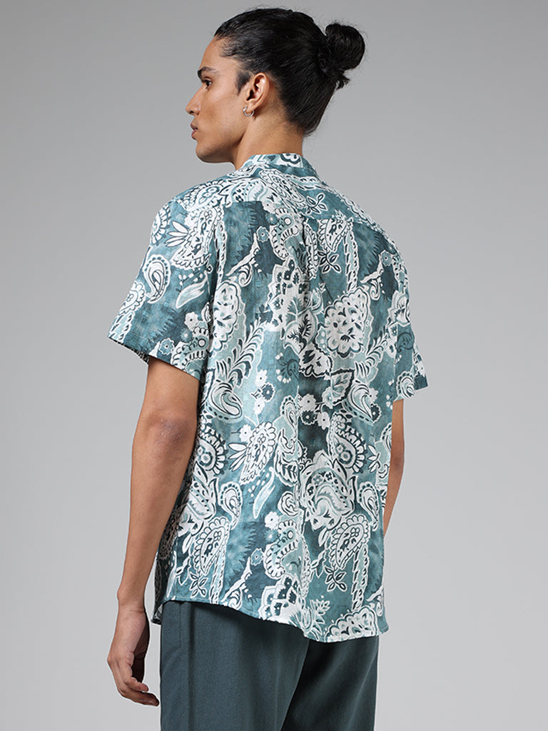 ETA Teal Blue Paisley Floral Printed Relaxed Fit Shirt