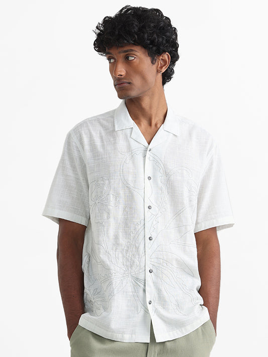 ETA Off White Embroidered Floral Cotton Relaxed Fit Shirt