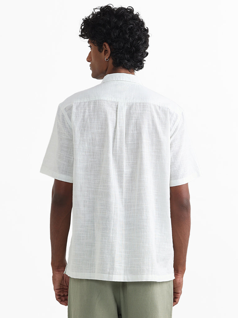 ETA Off White Embroidered Floral Cotton Relaxed Fit Shirt