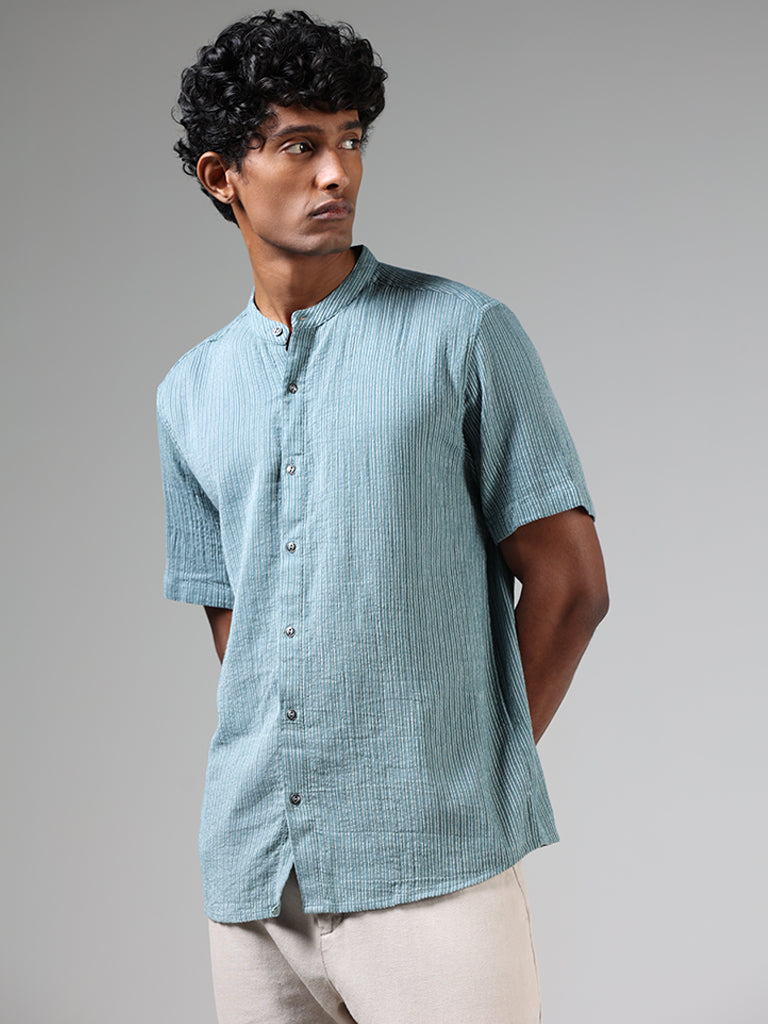 ETA Teal Blue Striped Cotton Resort Fit Shirt