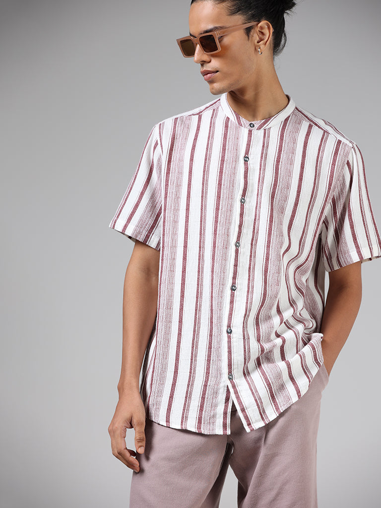 ETA Maroon & White Striped Cotton Resort Fit Shirt