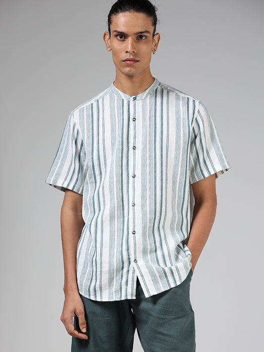 ETA Teal & White Striped Cotton Resort Fit Shirt