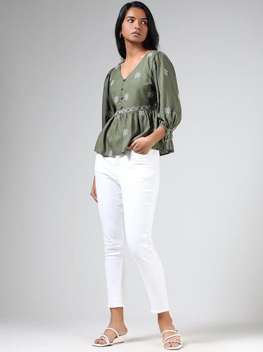 LOV Olive Green Embroidered Gathered Top