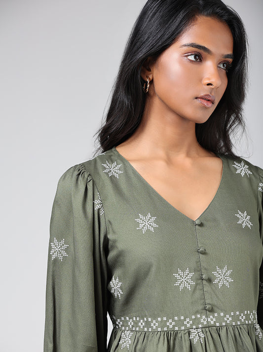 LOV Olive Green Embroidered Gathered Top