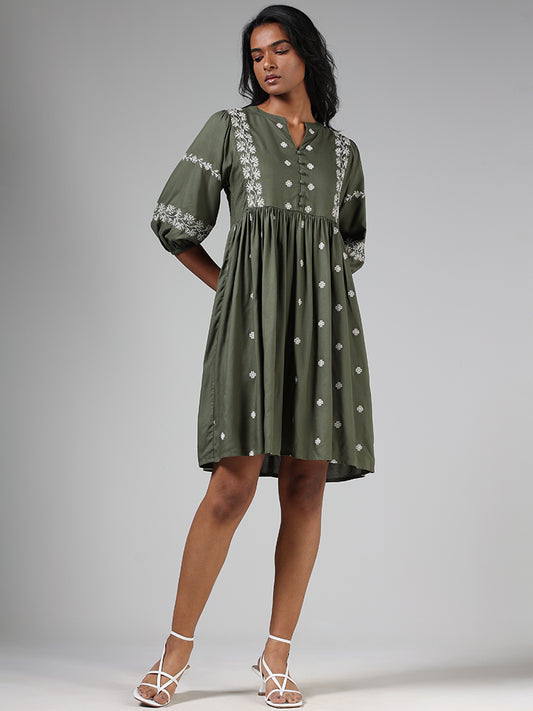LOV Olive Green Embroidered Dress
