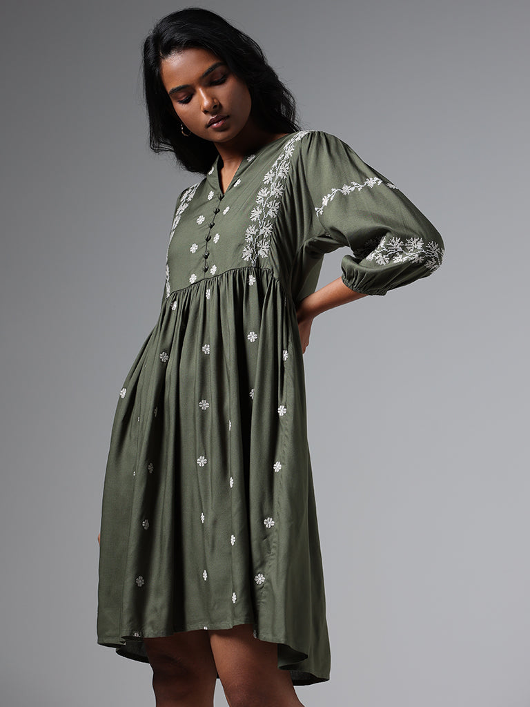 LOV Olive Green Embroidered Dress