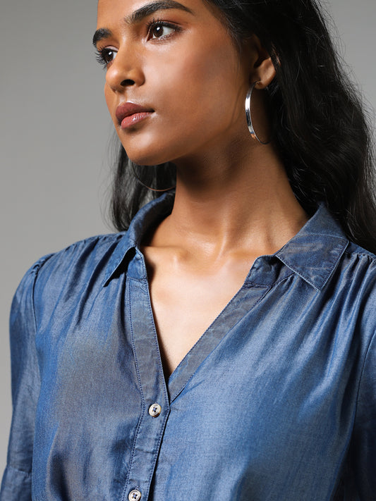 LOV Mid Blue Button Down Tiered Dress