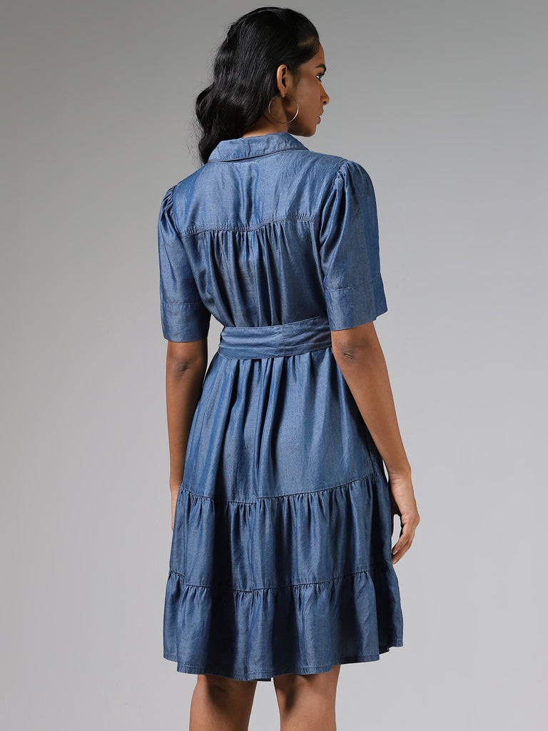 LOV Mid Blue Button Down Tiered Dress