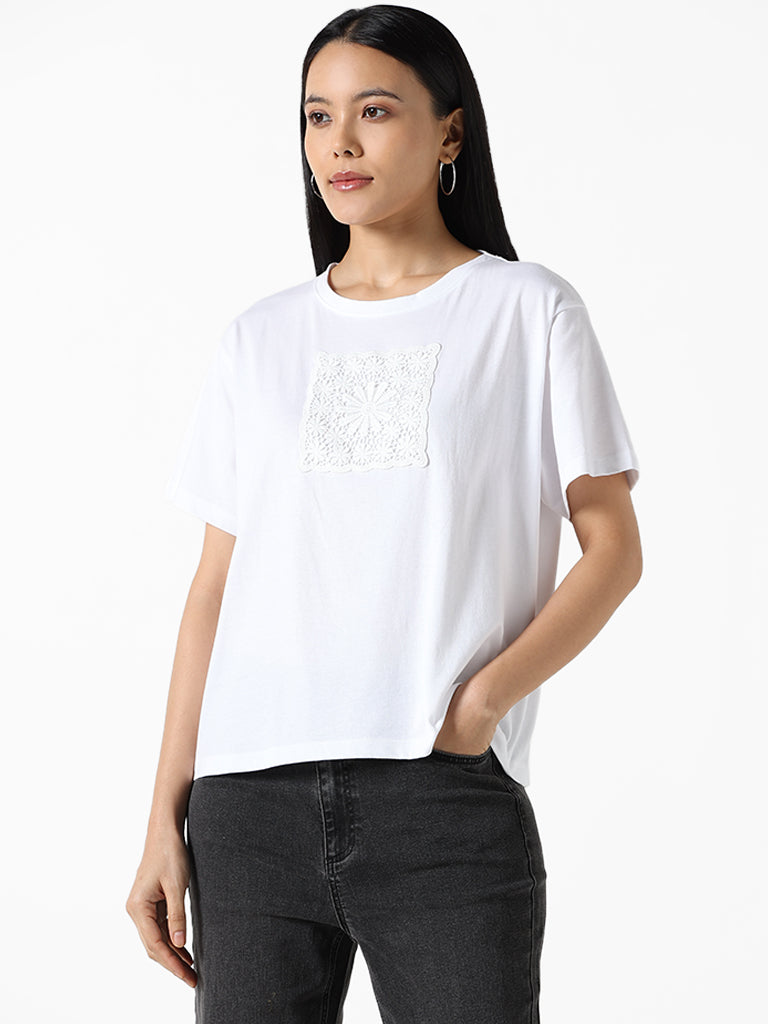 LOV White Embroidered Floral Regular Fit T-Shirt