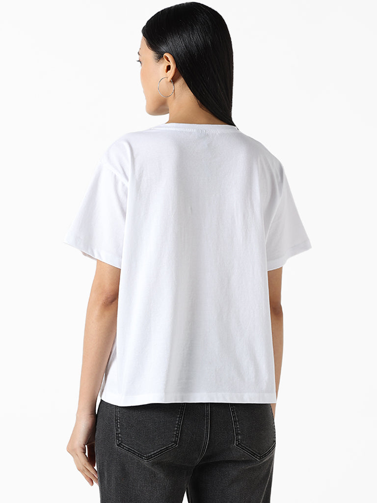 LOV White Embroidered Floral Regular Fit T-Shirt