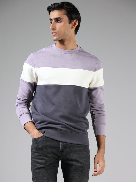 WES Casuals Lilac & Charcoal Colorblock Cotton Blend Relaxed Fit Sweatshirt