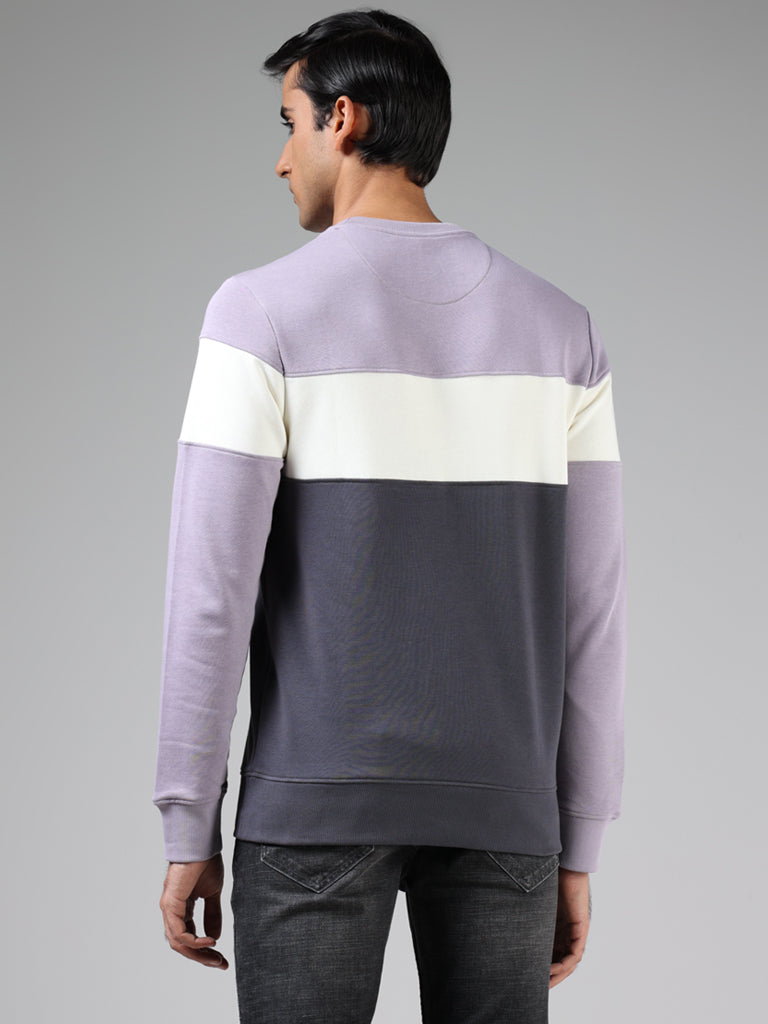 WES Casuals Lilac & Charcoal Colorblock Cotton Blend Relaxed Fit Sweatshirt
