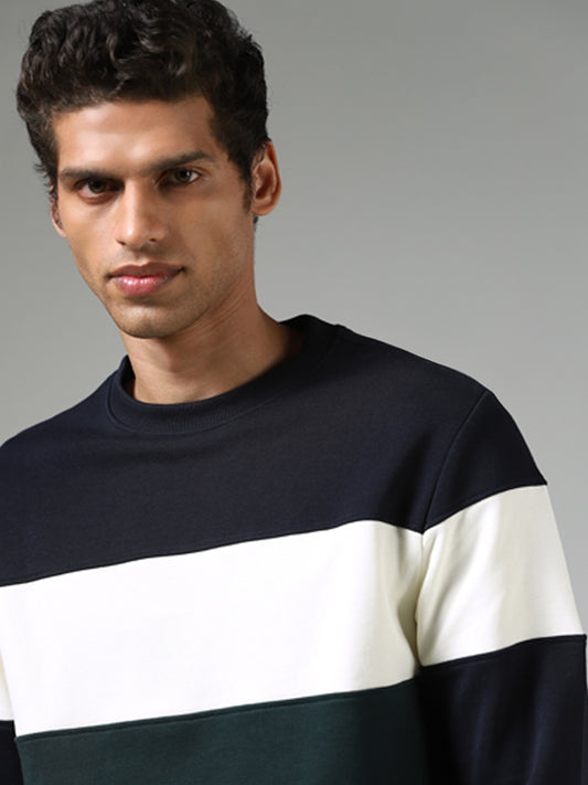 WES Casuals Navy & Emerald Green Colour Blocked Relaxed Fit Sweatshirt